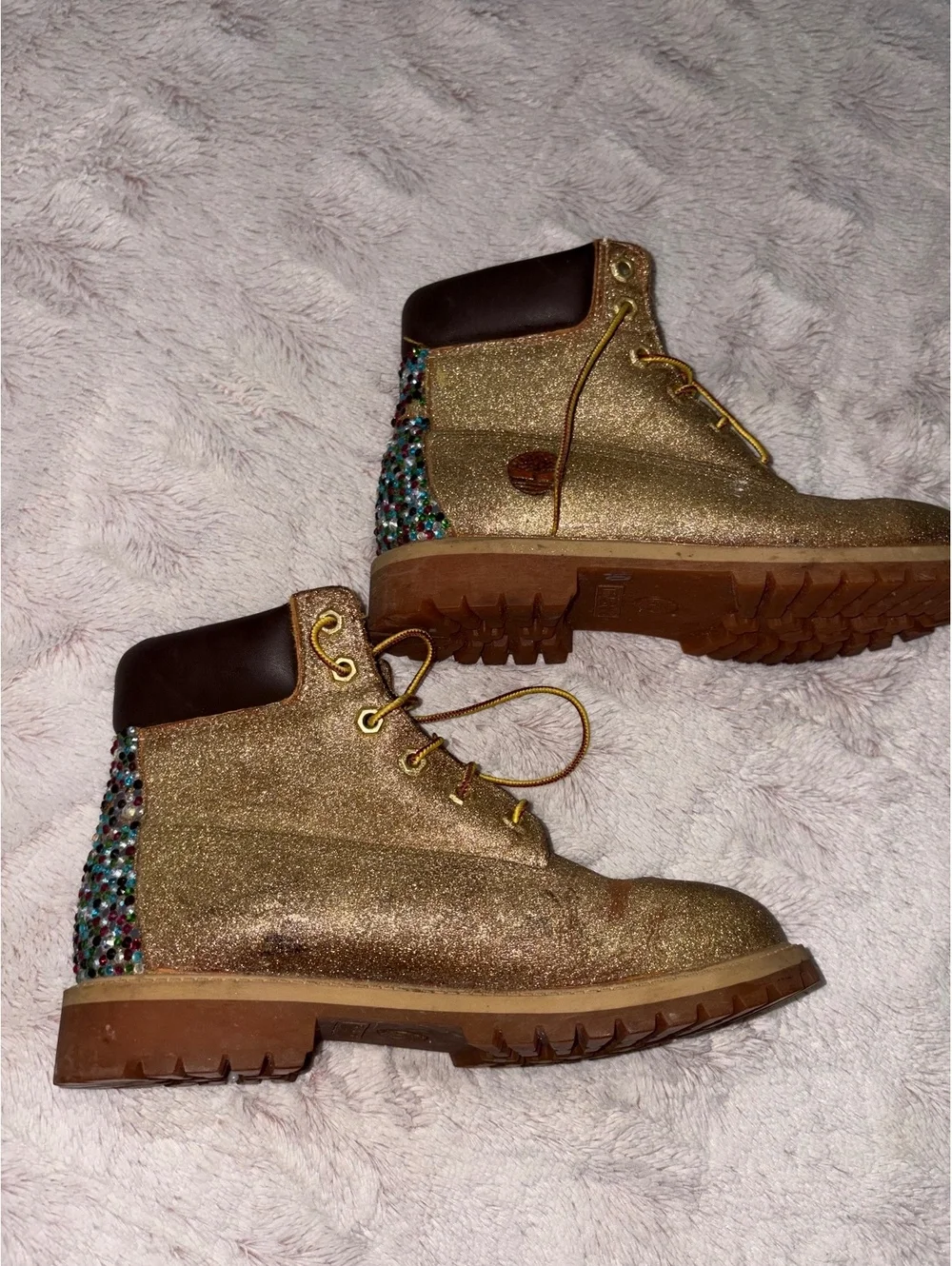 Timberland Women's Glitter Gold Lace-Up Boots with Multicolor Sequin Heel Accent